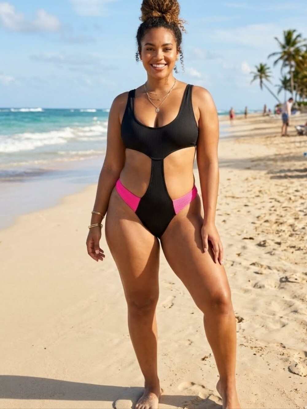 Icon Swim Hot Pink & Black Ribbed Cutout Monokini One-Piece Swimsuit Size XL